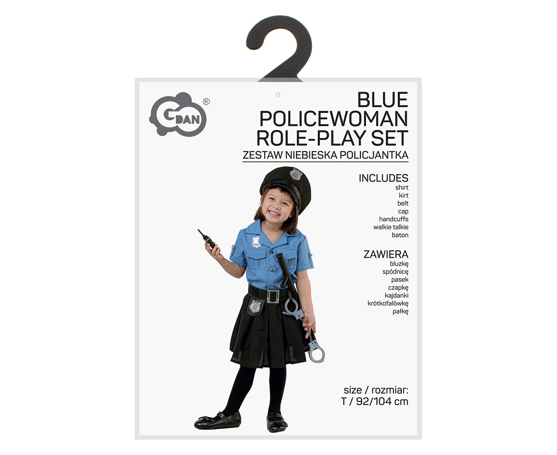 Zestaw dla dzieci Niebieska Policjantka (bluzka, spódnica, pasek, czapka, kajdanki, krótkofalówka, pałka), rozm. 92/104 cm