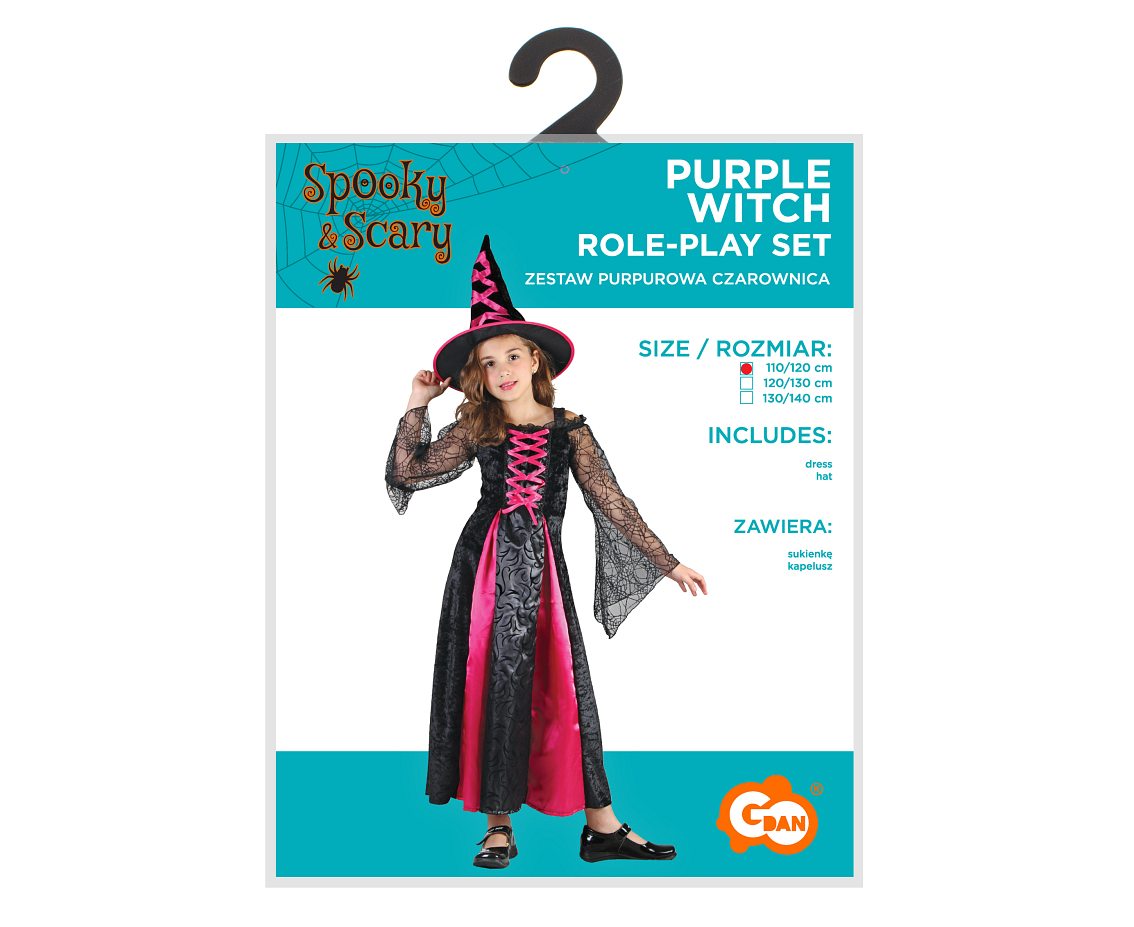 Zestaw dla dzieci Purpurowa Czarownica (sukienka, kapelusz), rozm. 110/120 cm KK