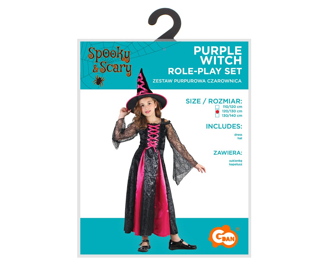 Zestaw dla dzieci Purpurowa Czarownica (sukienka, kapelusz), rozm. 120/130 cm