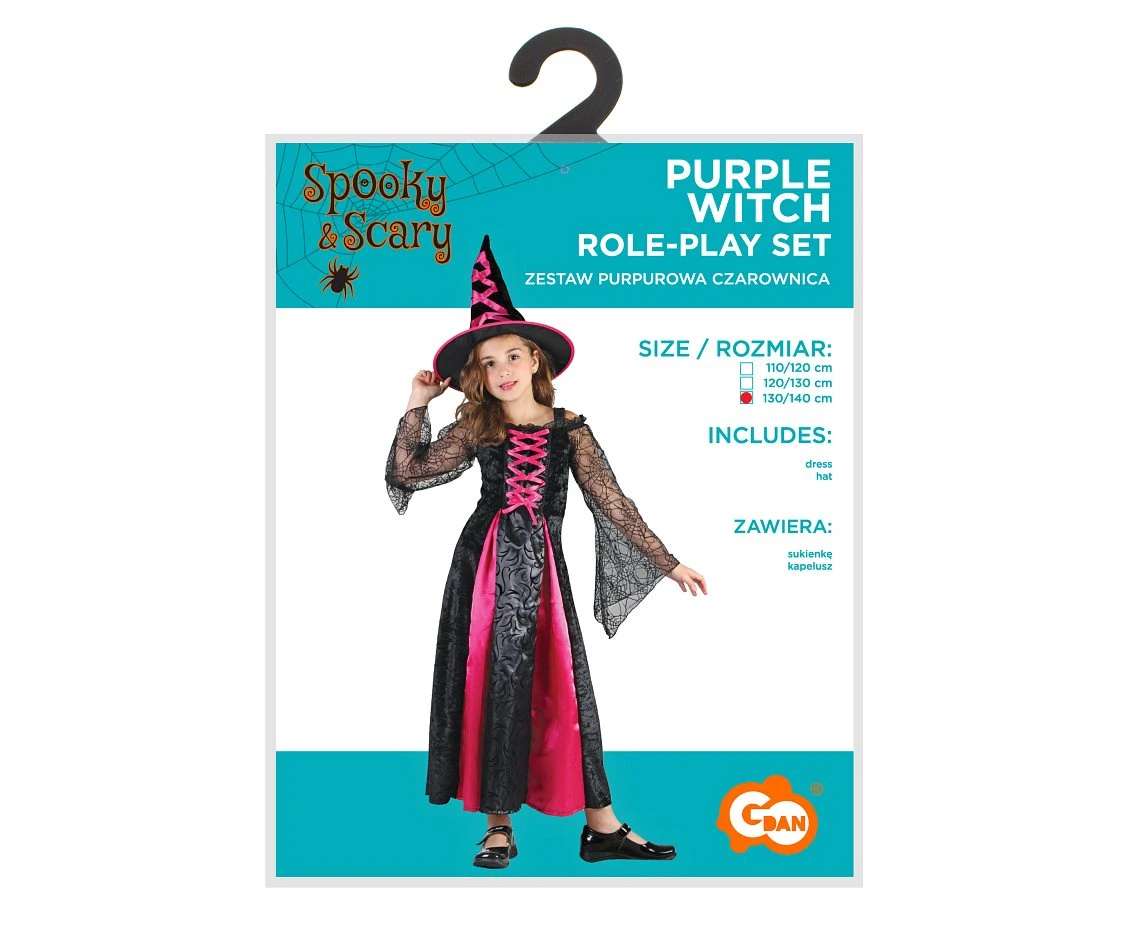 Zestaw dla dzieci Purpurowa Czarownica (sukienka, kapelusz), rozm. 130/140 cm