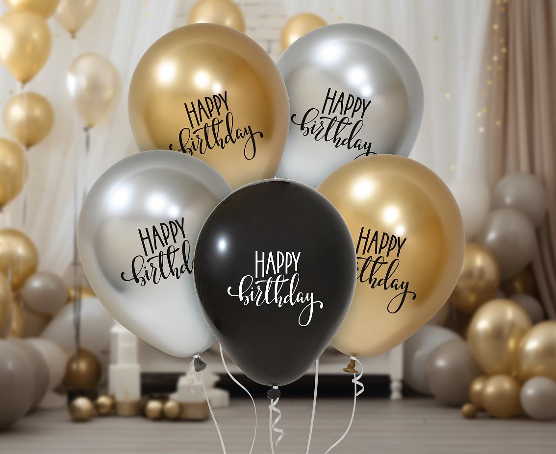 Balony Happy Birtday (platynowe kolory), 12"/ 5 szt.