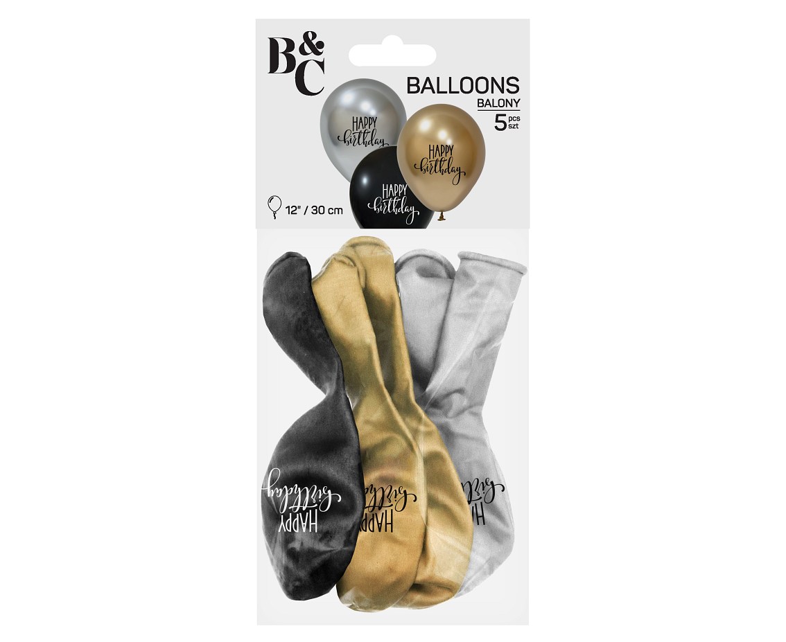 Balony Happy Birtday (platynowe kolory), 12"/ 5 szt.