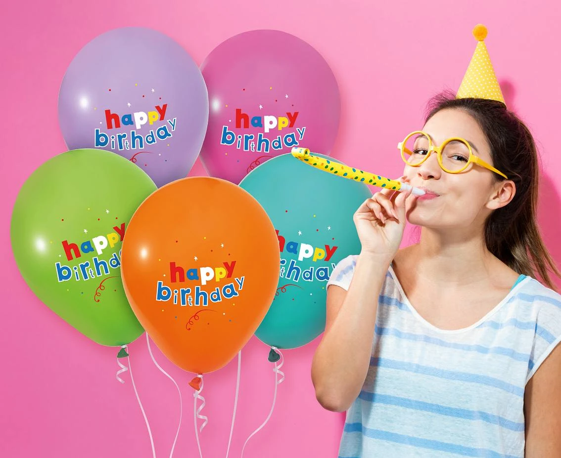 Balony Happy Birthday (pastelowe kolory), 12"/ 5 szt.
