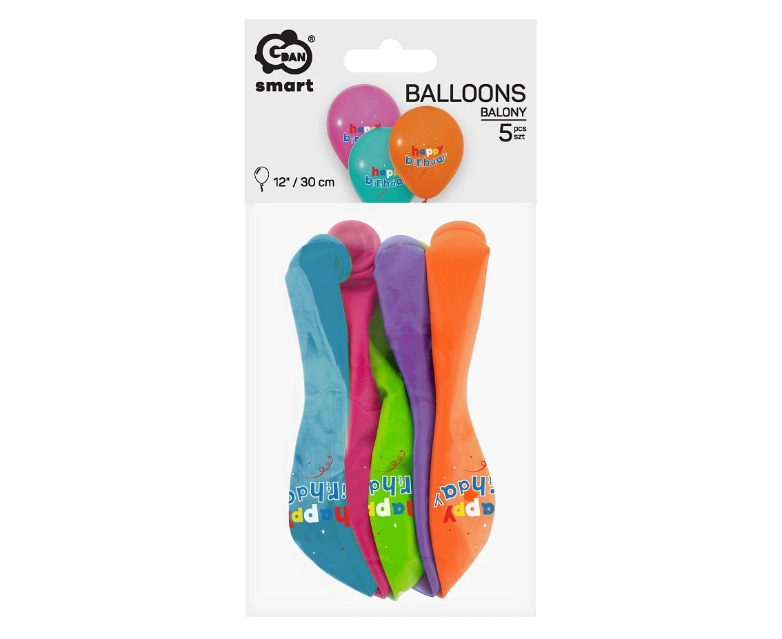 Balony Happy Birthday (pastelowe kolory), 12"/ 5 szt.