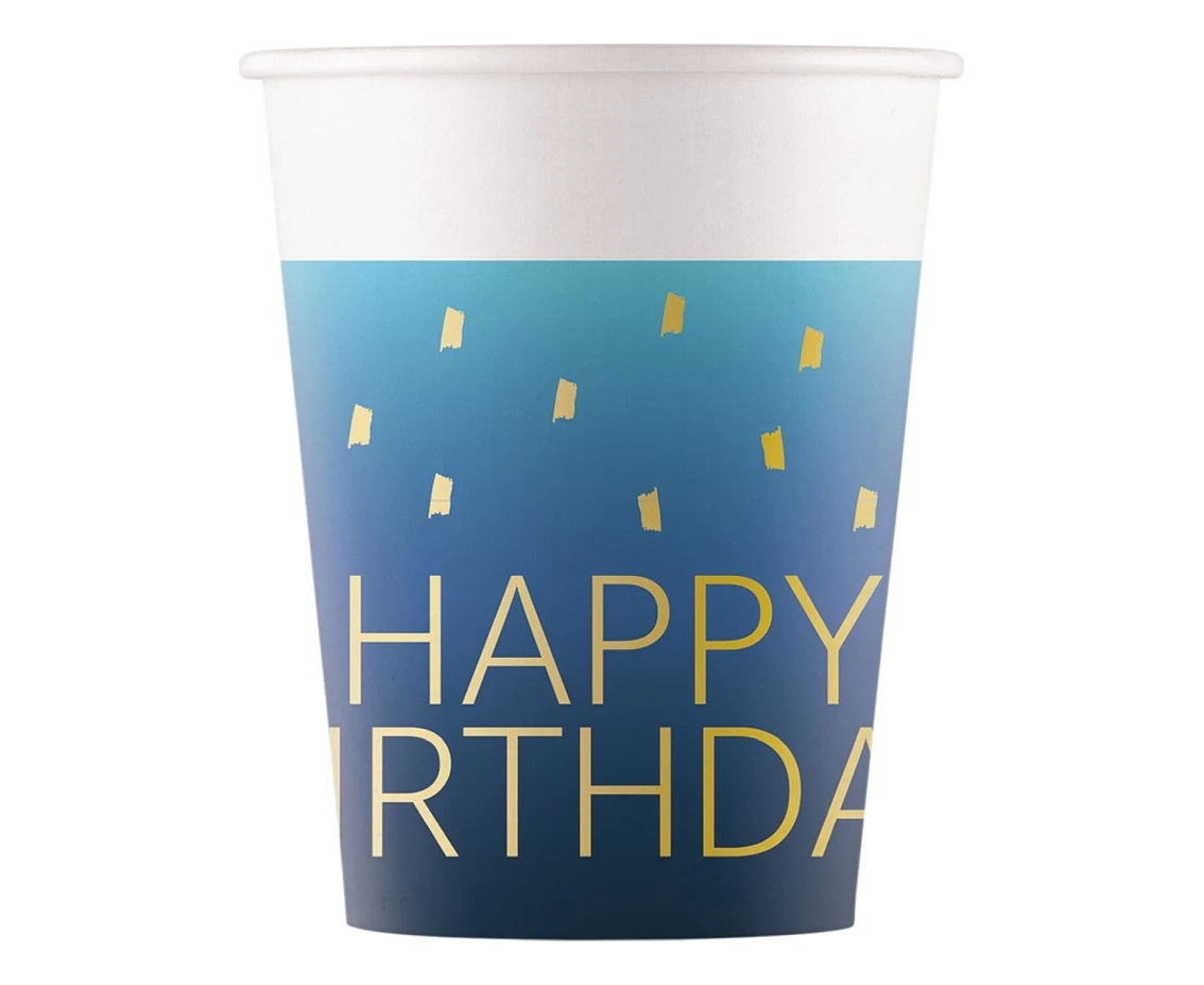 Kubeczki papierowe Blue Happy Birthday, Decorata, FSC, 200 ml, 8 szt. KK