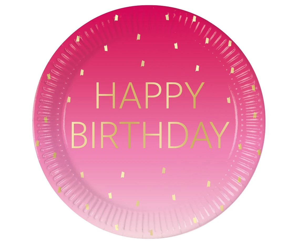 Talerzyki papierowe Pink Happy Birthday, Decorata, FSC, 23 cm, 8 szt. KK