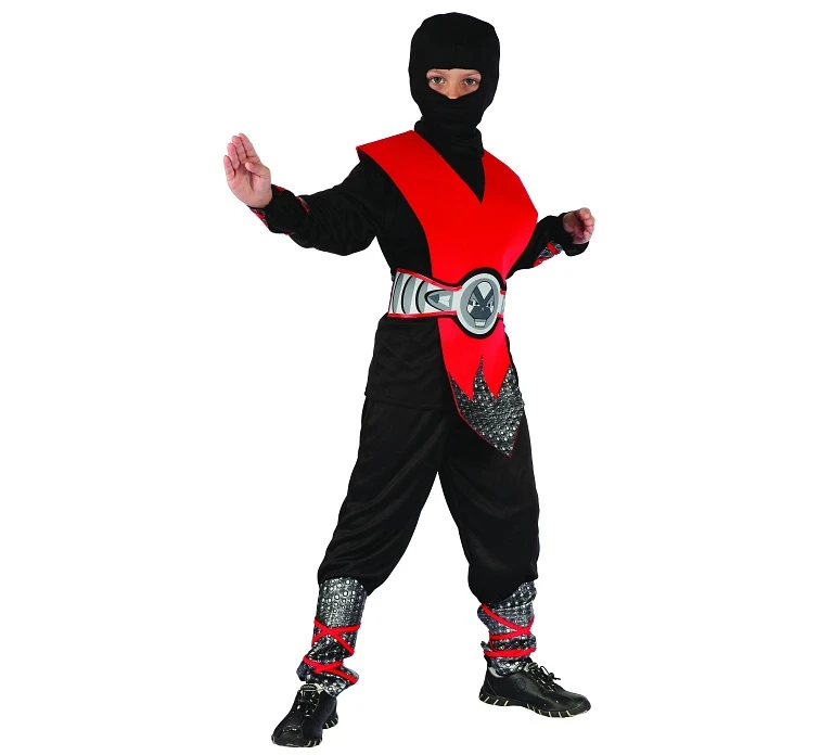 Zestaw Czerwony Ninja (koszula, kaptur, spodnie, ochraniacz, pas, ochraniacze na ręce i nogi), rozm. 130/140 cm