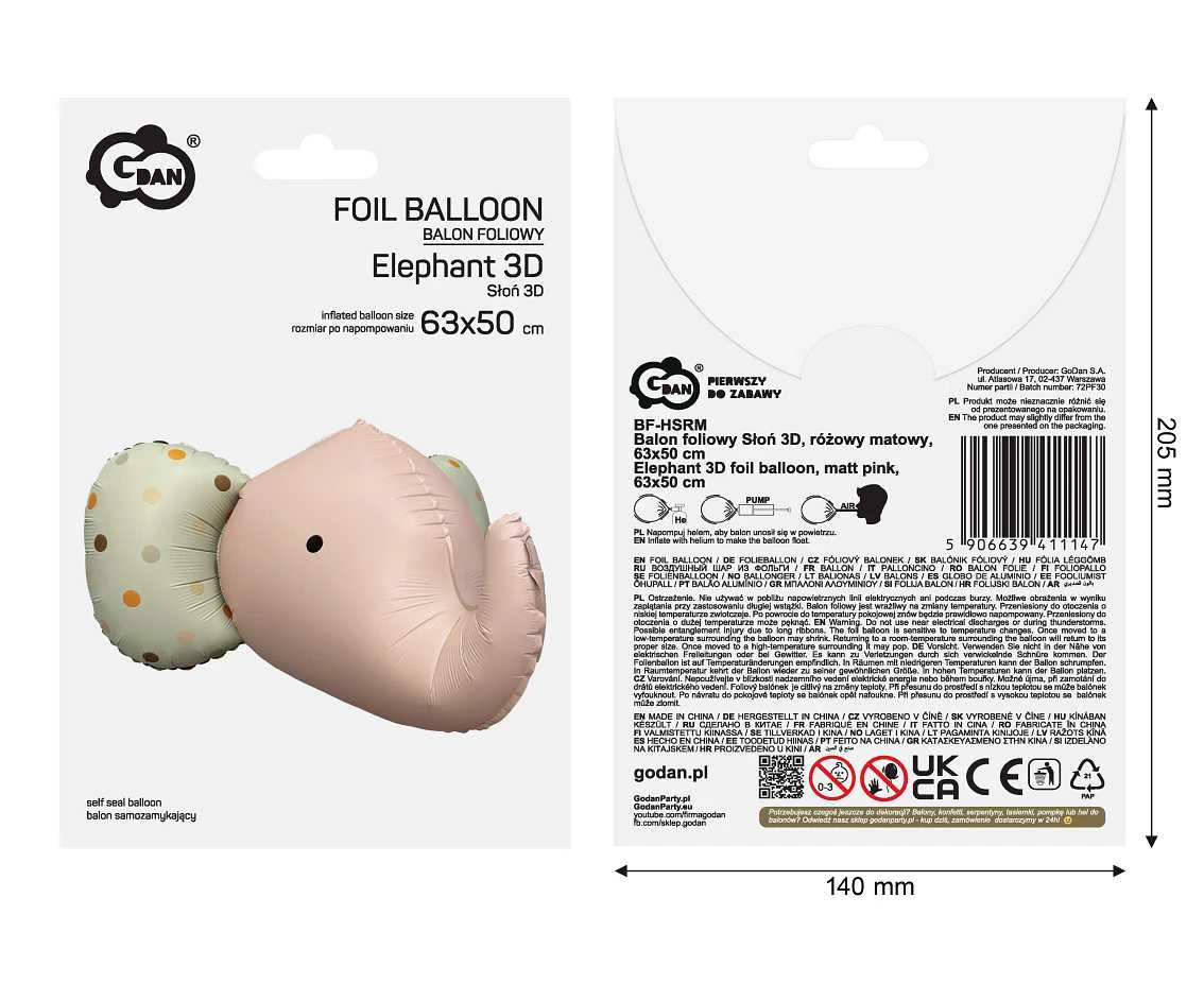 Balon foliowy Słoń 3D, różowy matowy, 63x50 cm KK