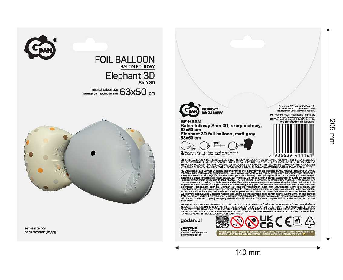 Balon foliowy Słoń 3D, szary matowy, 63x50 cm