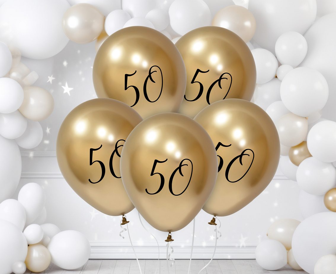 Balony B&C 12", 50. urodziny, platyna jasnozłote, 5szt.