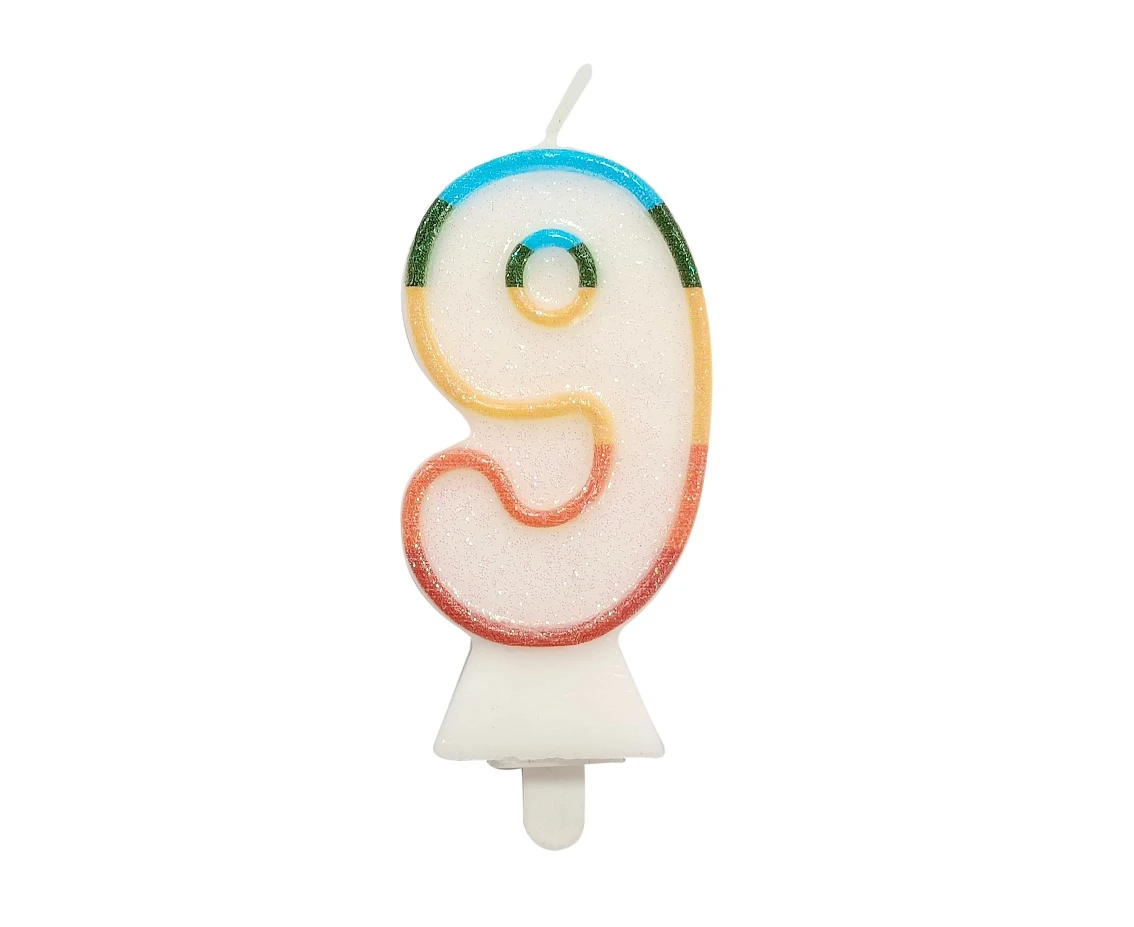 Świeczka cyferka 9, tęczowa, NOWY BIO BROKAT, 8,5 cm