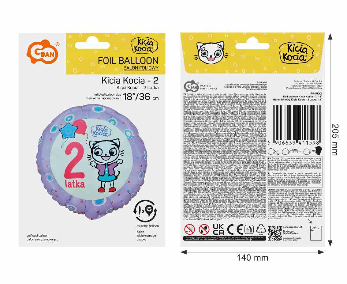 Balon foliowy Kicia Kocia - 2 Latka, 18 cali