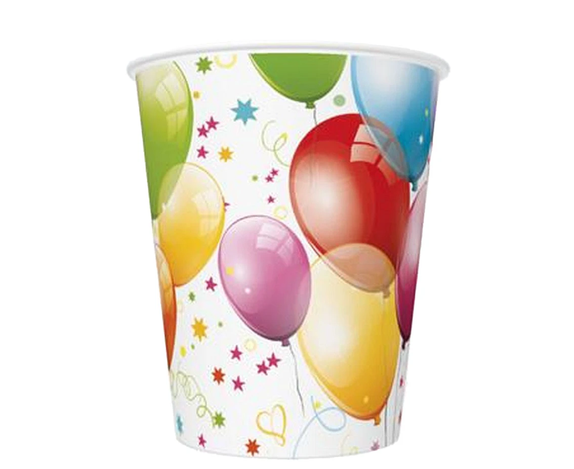 Kubeczki pap. Birthday Balloons, 250 ml, 8 szt.