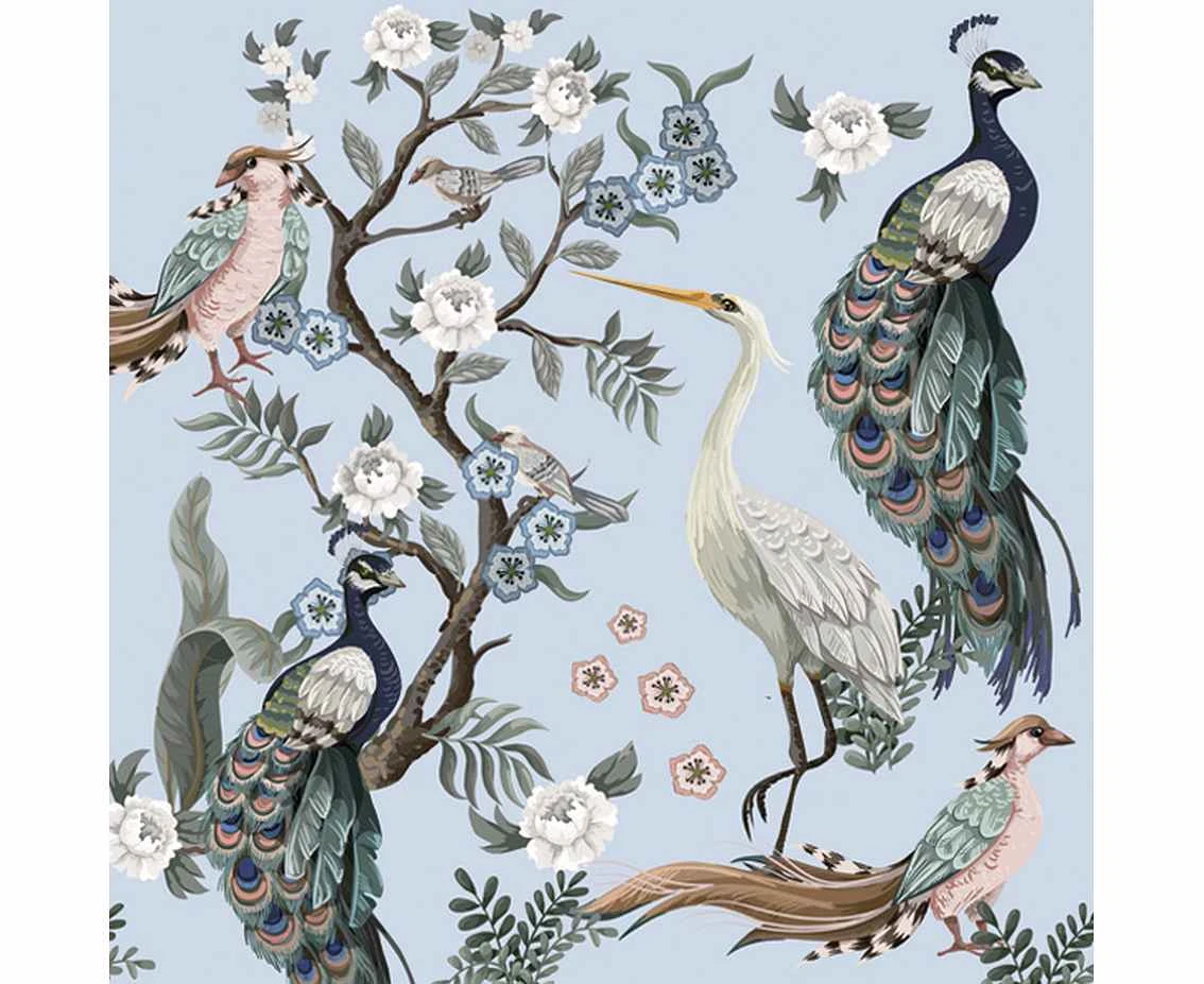 Serwetki pap. Peacocks and Heron in Garden on Blue, 33x33 cm, 20 szt.