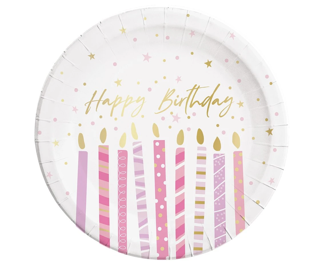 Talerzyki papierowe Birthday Candles, FSC, 23 cm, 8 szt. KK