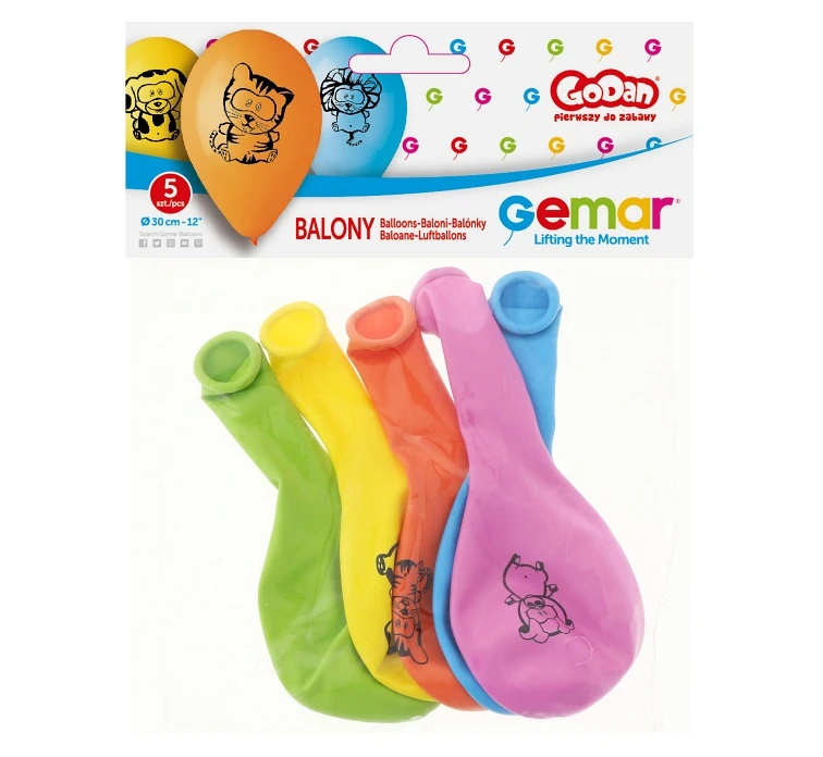 Balony Gemar 12", pastel premium zwierzątka z dżungli, 5szt.