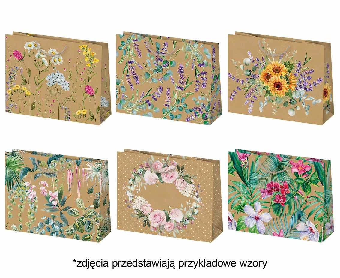 Torebka prezentowa typu kraft T6EK 300x23x100, mix - Egzotyczne, Liście, Mix, Papier typu kraft, 1 szt.