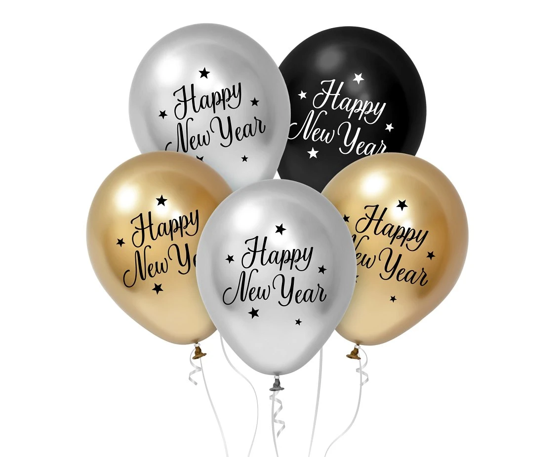 Balony B&C 12", "Happy New Year", złote, srebnre i czarny 5szt.KK