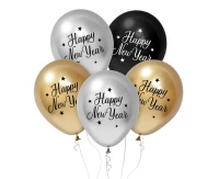 Balony B&C 12", "Happy New Year", złote, srebnre i czarny 5szt.KK
