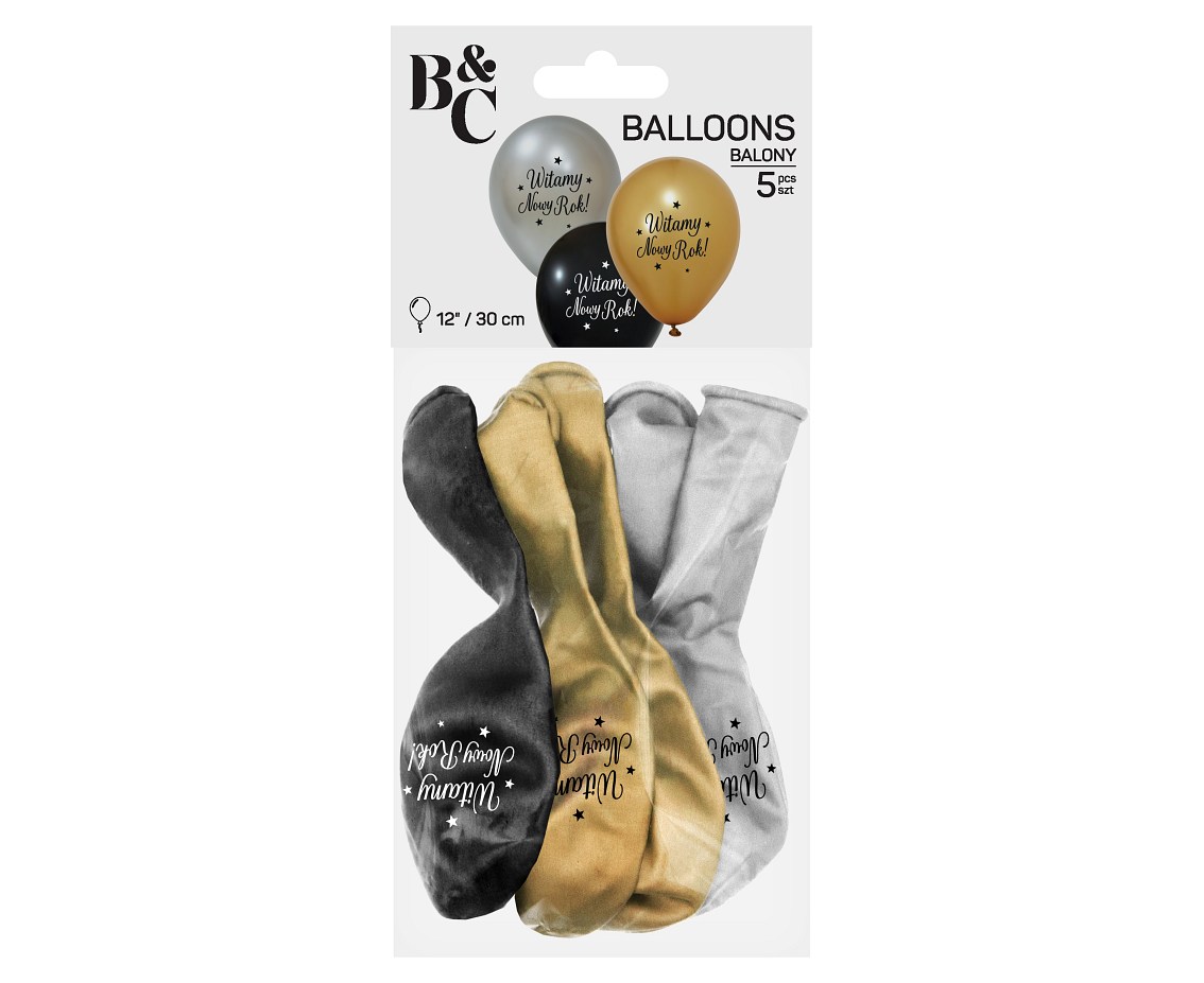 Balony B&C 12",  "Witamy Nowy Rok", srebrne, złote i czarny 5szt.