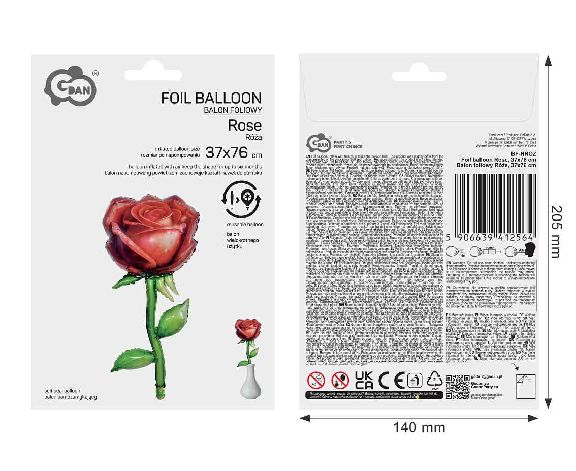 Balon foliowy Róża, 37x76 cm