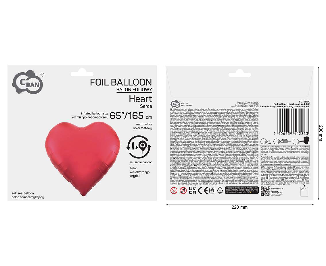 Balon foliowy Serce, matowy czerwony, 65"/ 165 cm
