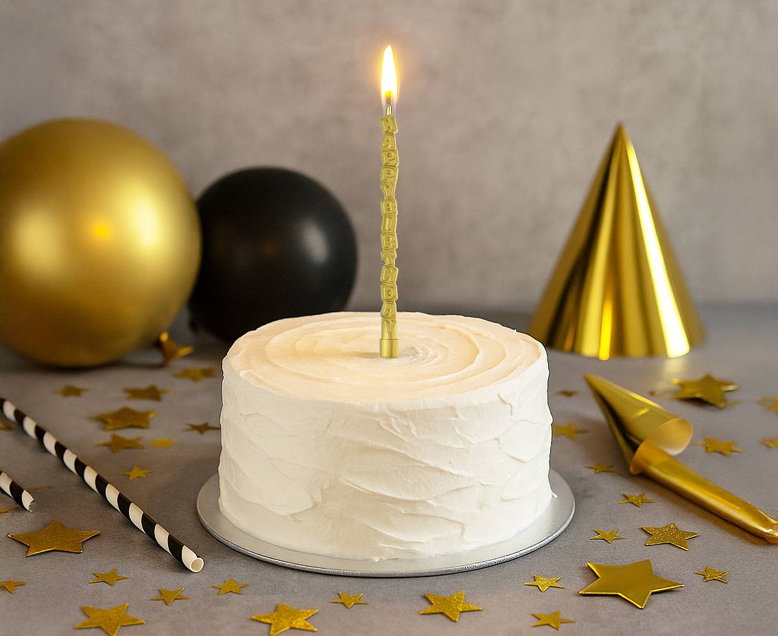 Świeczka z napisem Happy Birthday, złota, 11,5 cm, 1 szt.