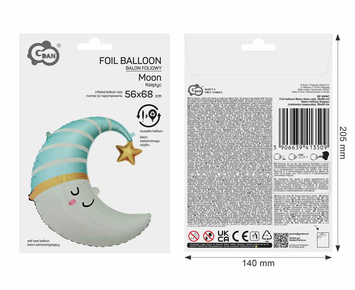 Balon foliowy Księżyc (niebieska czapeczka), 56x68 cm
