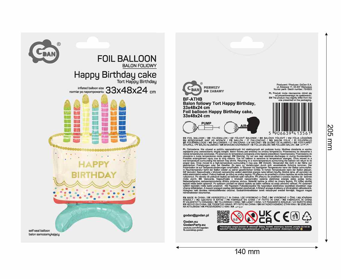 Balon foliowy Tort Happy Birthday, 33x48x24 cm