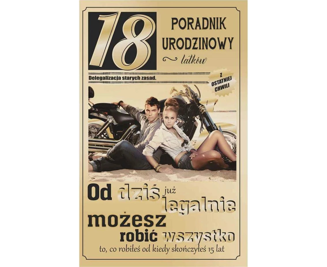 Kartka Urodzinowa 18 Urodziny, Para z motocyklem, 13x20,5 cm