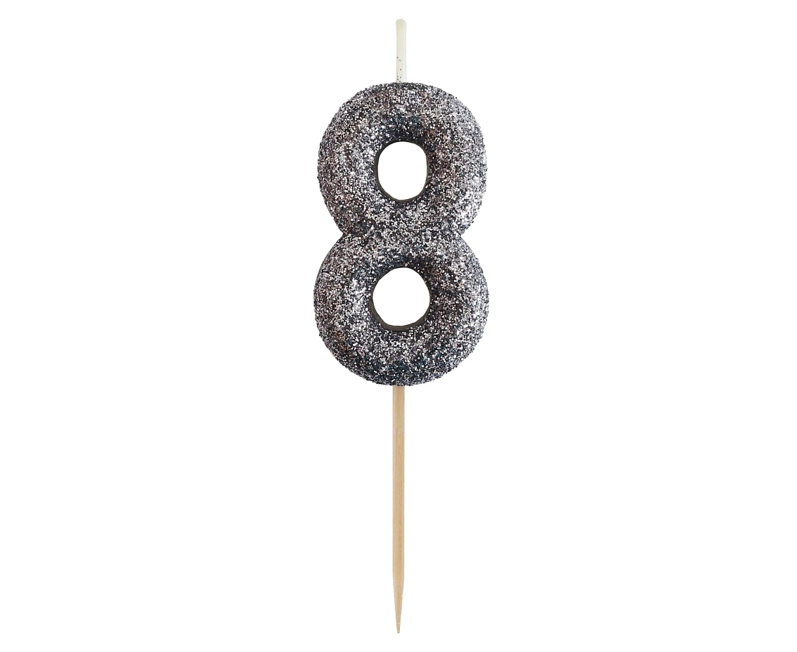 Świeczka piker B&C cyferka 8, srebrny bio brokat, dł. całkowita 11,5 cm (stara wersja)