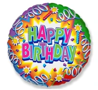 Balon foliowy 18" FX - Happy Birthday (serpentyny) (okrągły), niepakowany