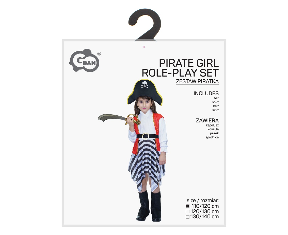Zestaw dla dzieci Piratka (kapelusz, koszula, pasek, spódnica), rozm. 110/120 cm