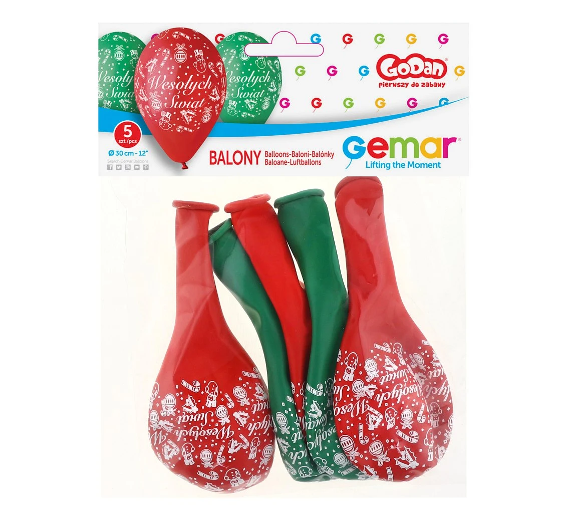Balony Gemar 12", pastel premium "wesołych świąt", czerwone i zielone, 5szt. KK