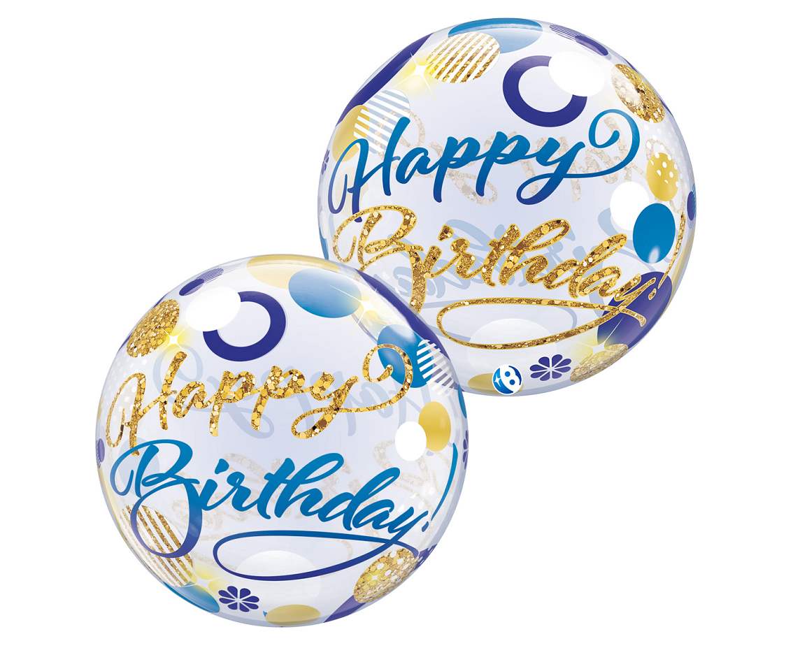 Balon Takara BUBBLE BALLOON Birthday Blue & Gold Dots, 22"