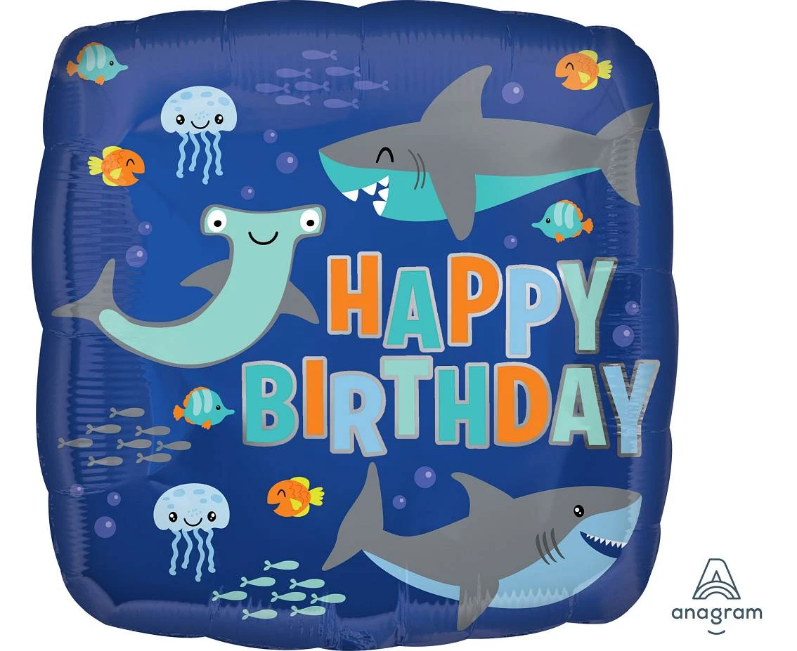 Balon foliowy 18" kwadrat Happy birthday sharks KK