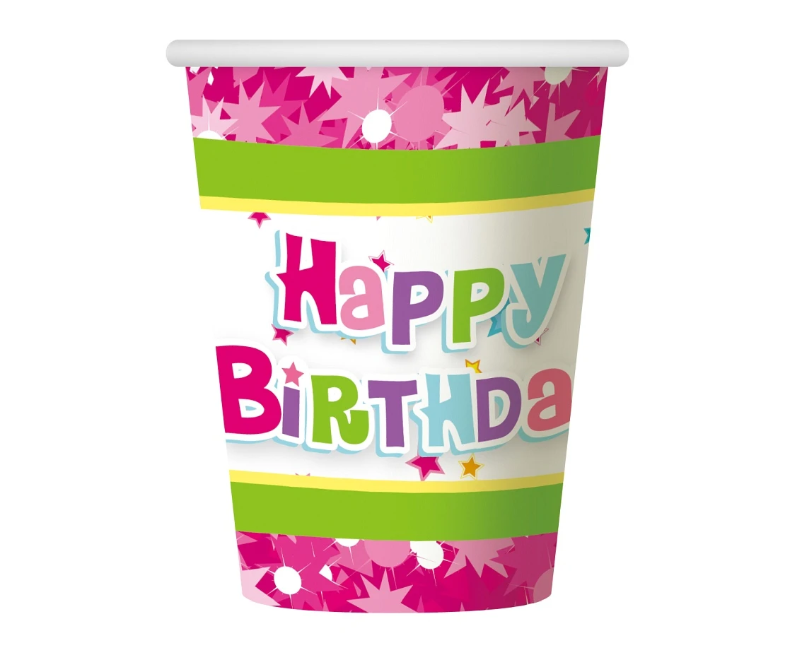 Kubeczki papierowe Happy Birthday różowe, 270ml/6 szt. KK